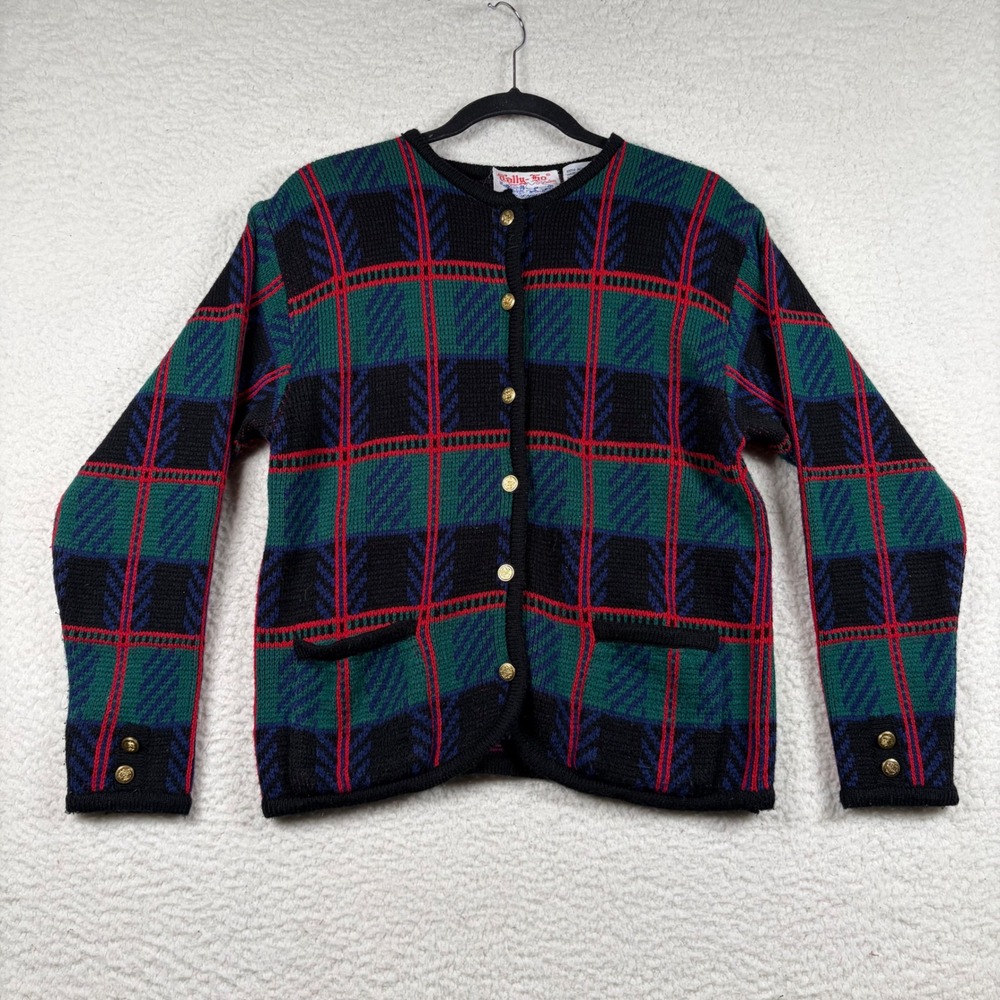 Tally-Ho Cardigan Women Vintage Plaid Knit Gold Button Sweater M Academic Preppy